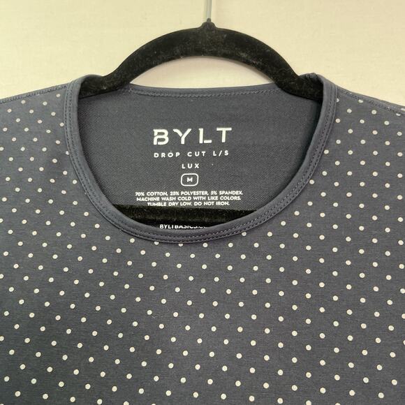 BYLT Mens Black Polka Dot Drop Cut Long Sleeve Shirt Size M Stretch Classic Gym - Picture 7 of 12
